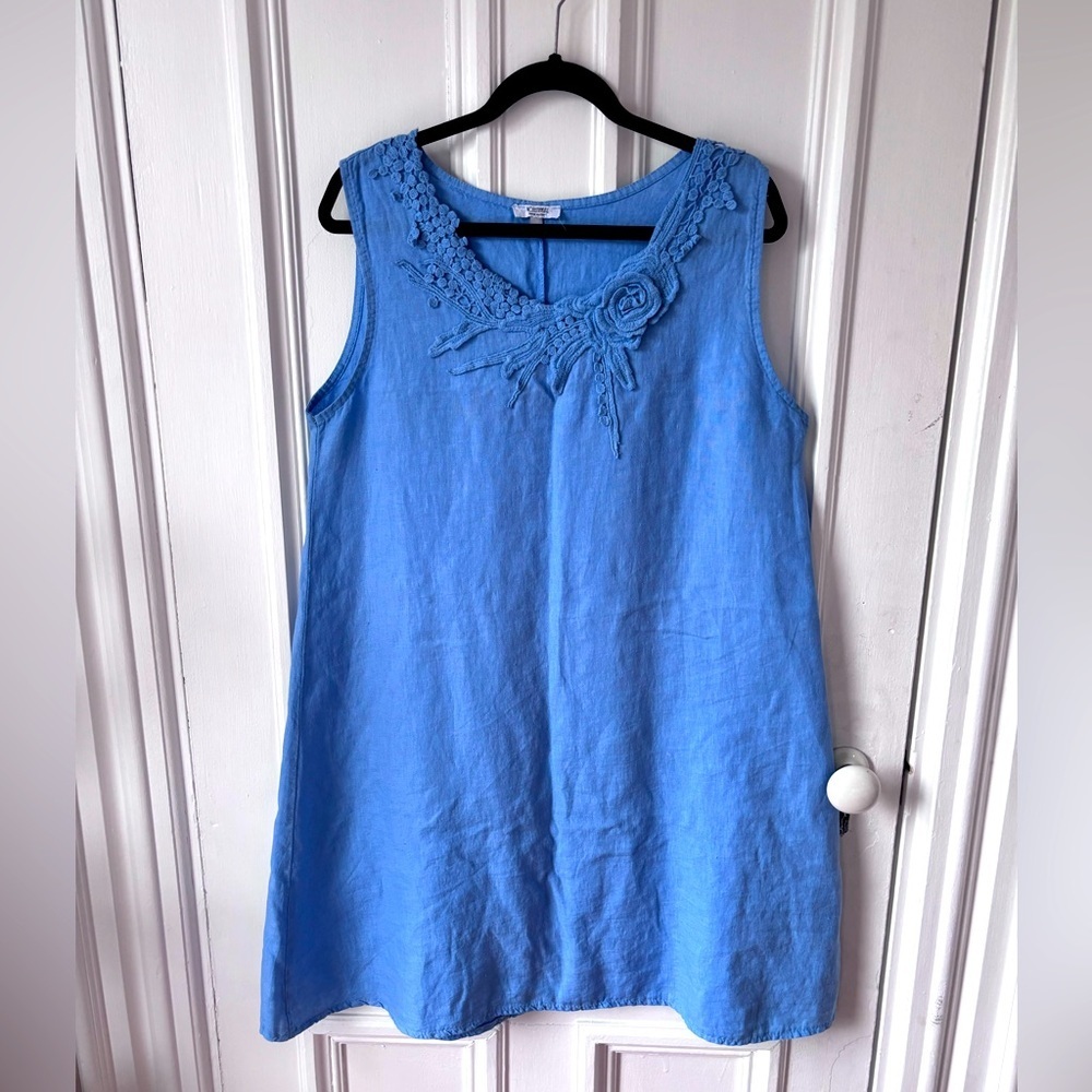 Rosemarine Made in Italy 100% Linen Sleeveless Shift Dress Periwinkle Embroidery